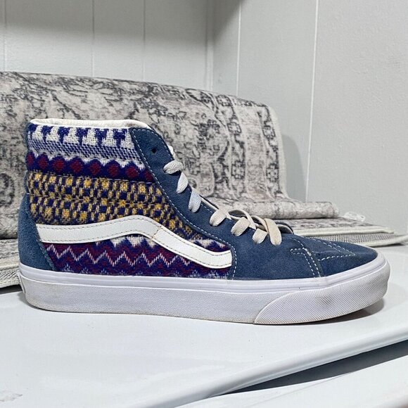 Vans Sk8 Hi Fair Isle Blue  Suede Sneakers Size 9.5W - Picture 2 of 7